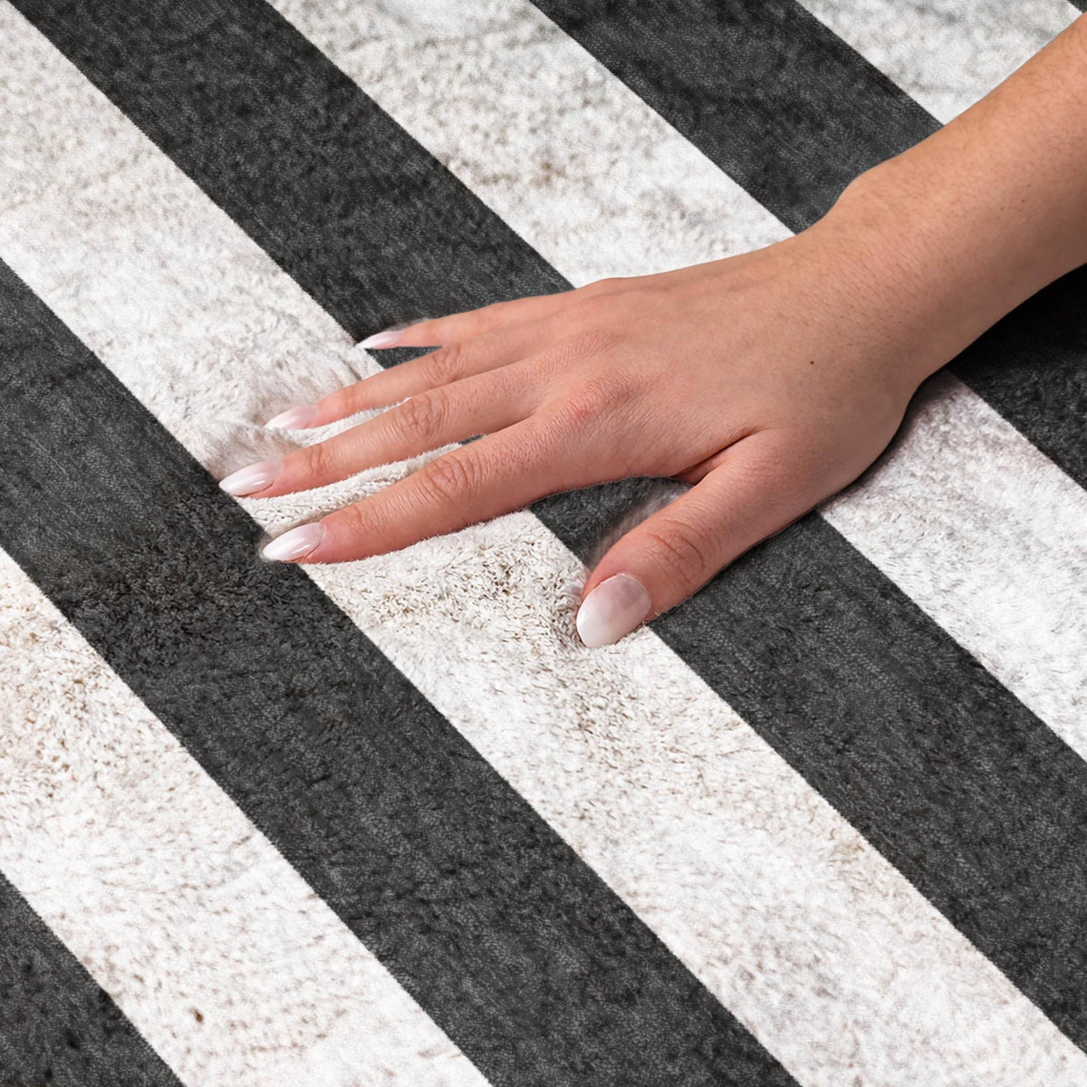 10' X 14' Black And Ivory Striped Shag Washable Area Rug With UV Protection - HomeRoots - Flyclothing LLC