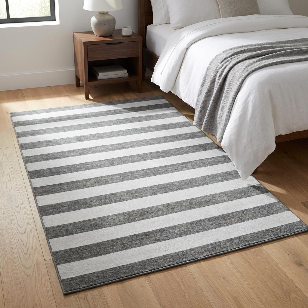 3' X 5' Charcoal And Ivory Striped Shag Washable Area Rug With UV Protection - HomeRoots - Flyclothing LLC