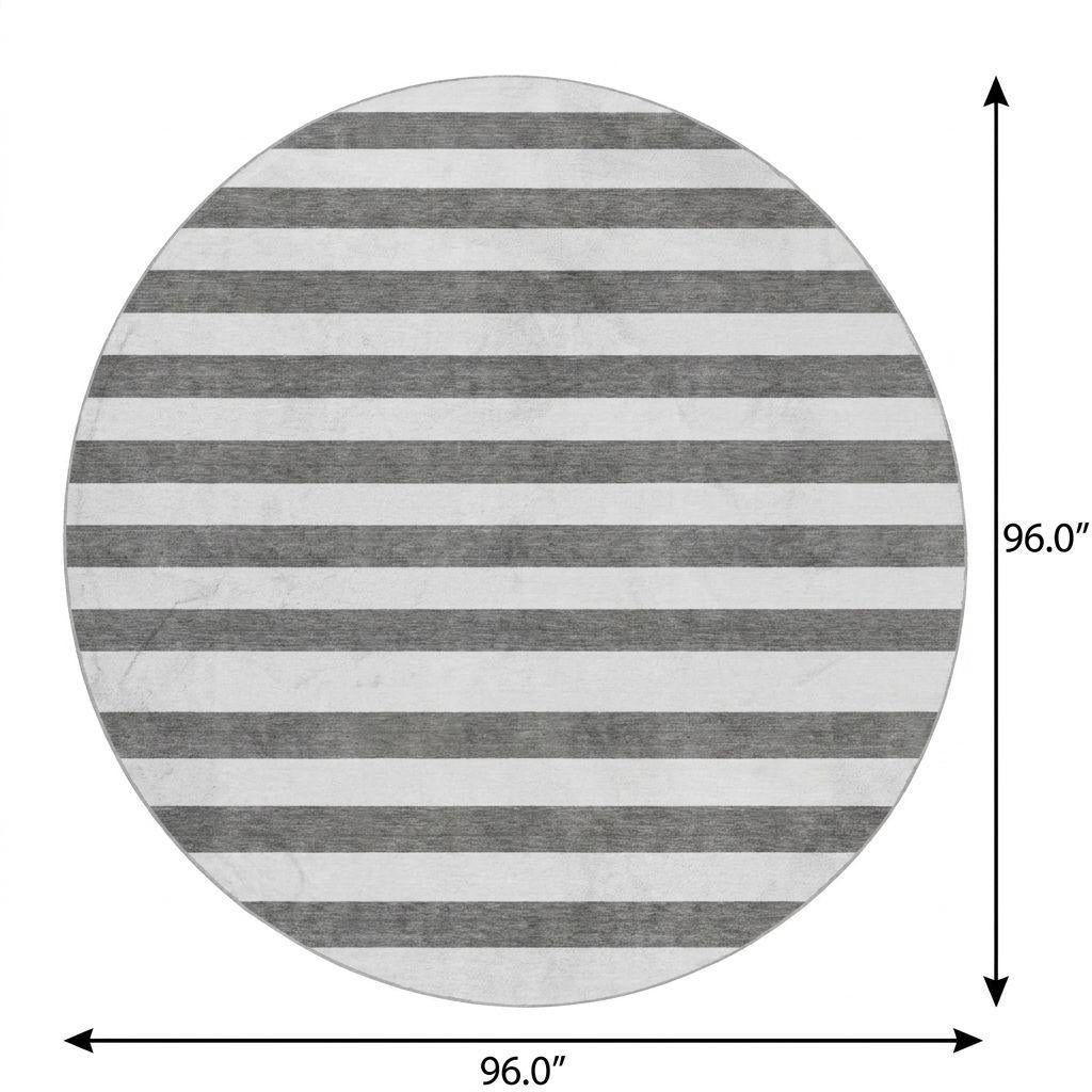 8' Charcoal And Ivory Striped Shag Washable Round Rug With UV Protection - HomeRoots - Flyclothing LLC