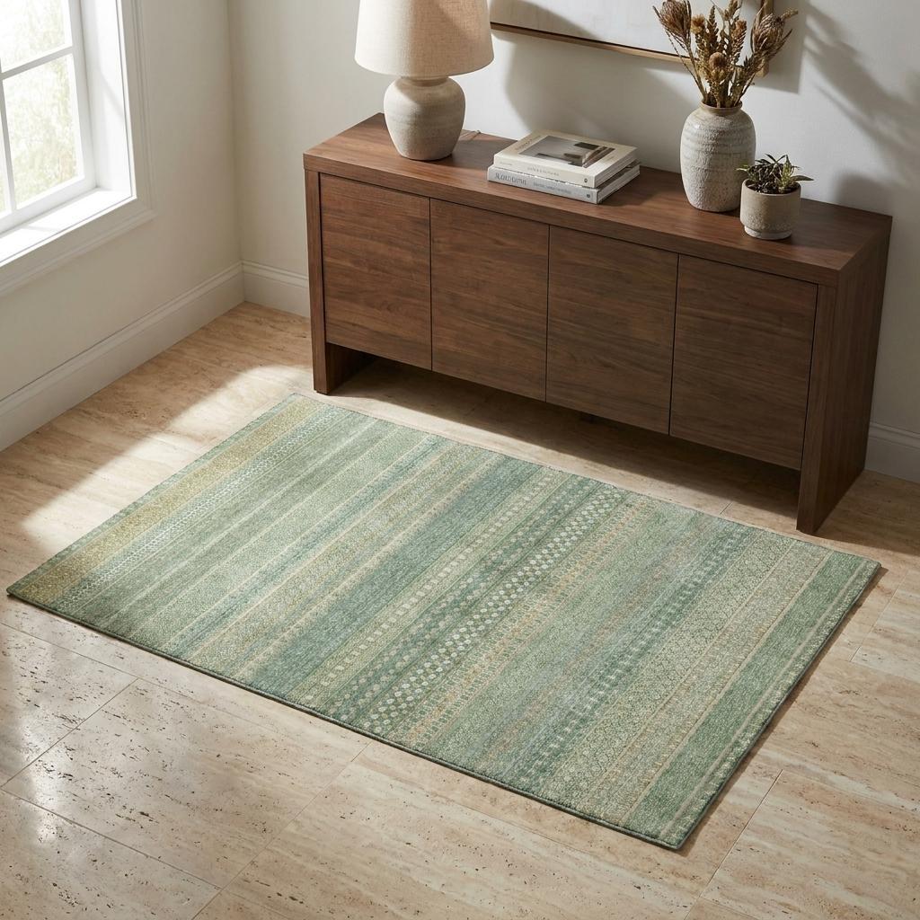 3' X 5' Green And Beige Striped Shag Washable Area Rug With UV Protection - HomeRoots - Flyclothing LLC