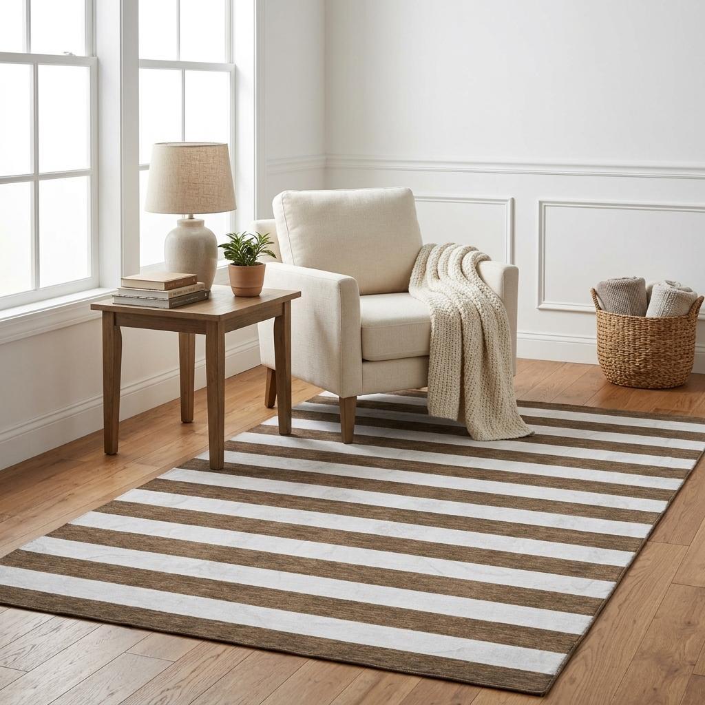 5' X 8' Chocolate And Ivory Striped Shag Washable Area Rug With UV Protection - HomeRoots - Flyclothing LLC