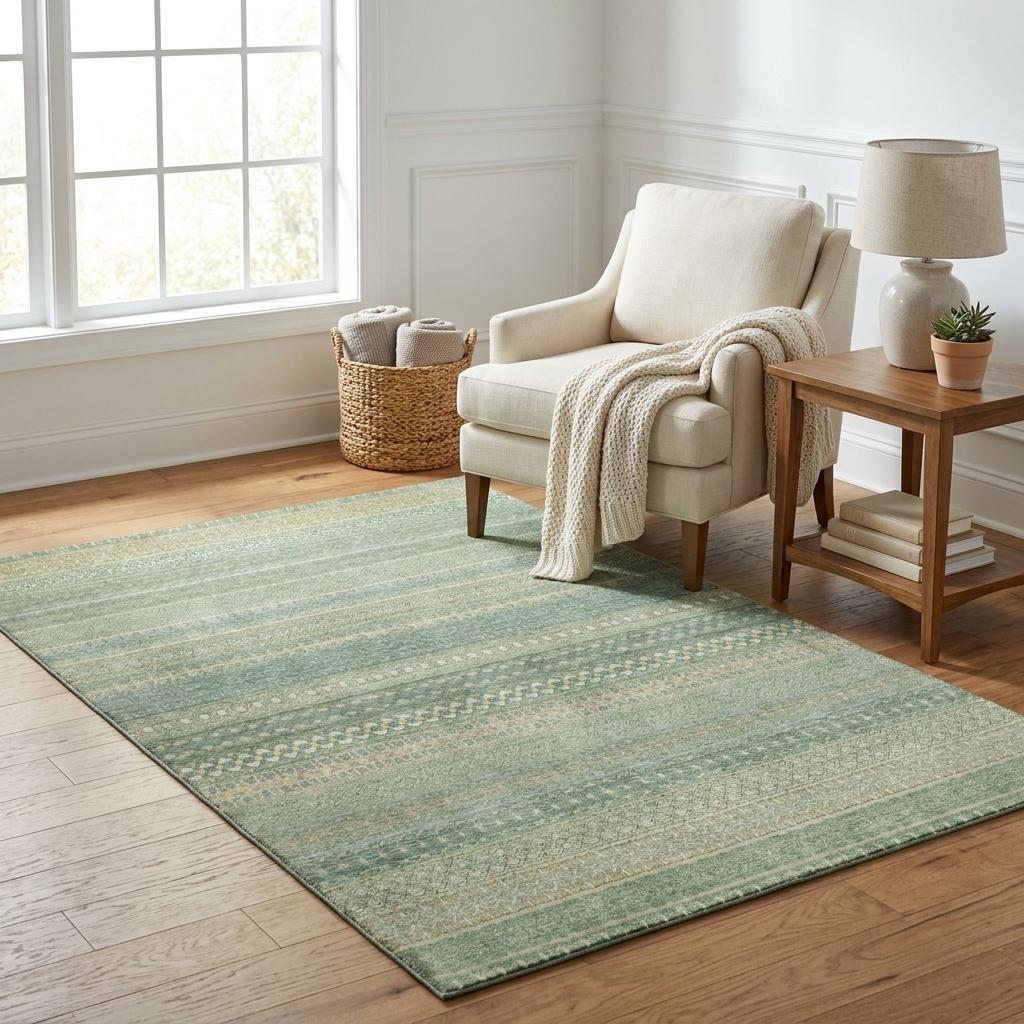 5' X 8' Green And Beige Striped Shag Washable Area Rug With UV Protection - HomeRoots - Flyclothing LLC