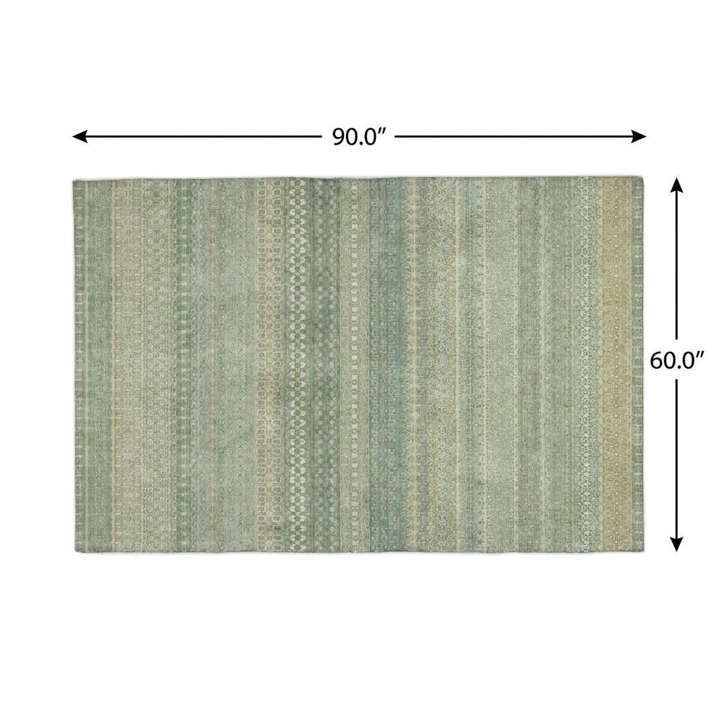 5' X 8' Green And Beige Striped Shag Washable Area Rug With UV Protection - HomeRoots - Flyclothing LLC