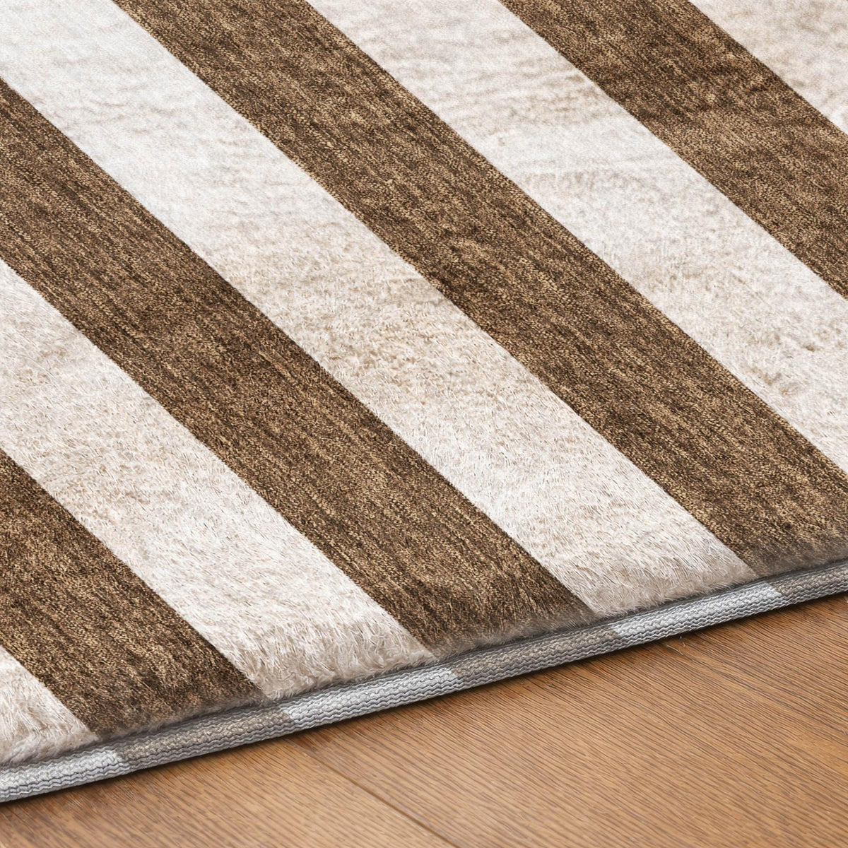 8' Chocolate And Ivory Striped Shag Washable Round Rug With UV Protection - HomeRoots - Flyclothing LLC