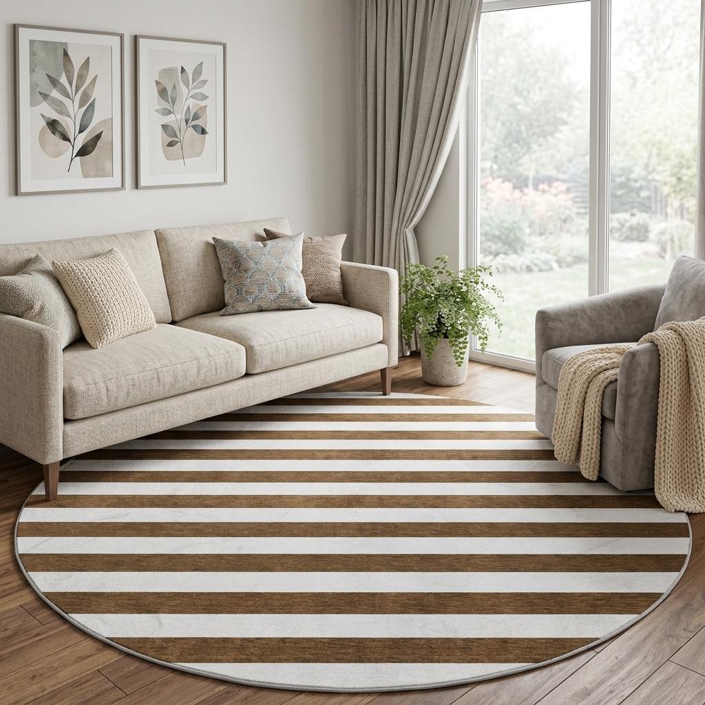 8' Chocolate And Ivory Striped Shag Washable Round Rug With UV Protection - HomeRoots - Flyclothing LLC