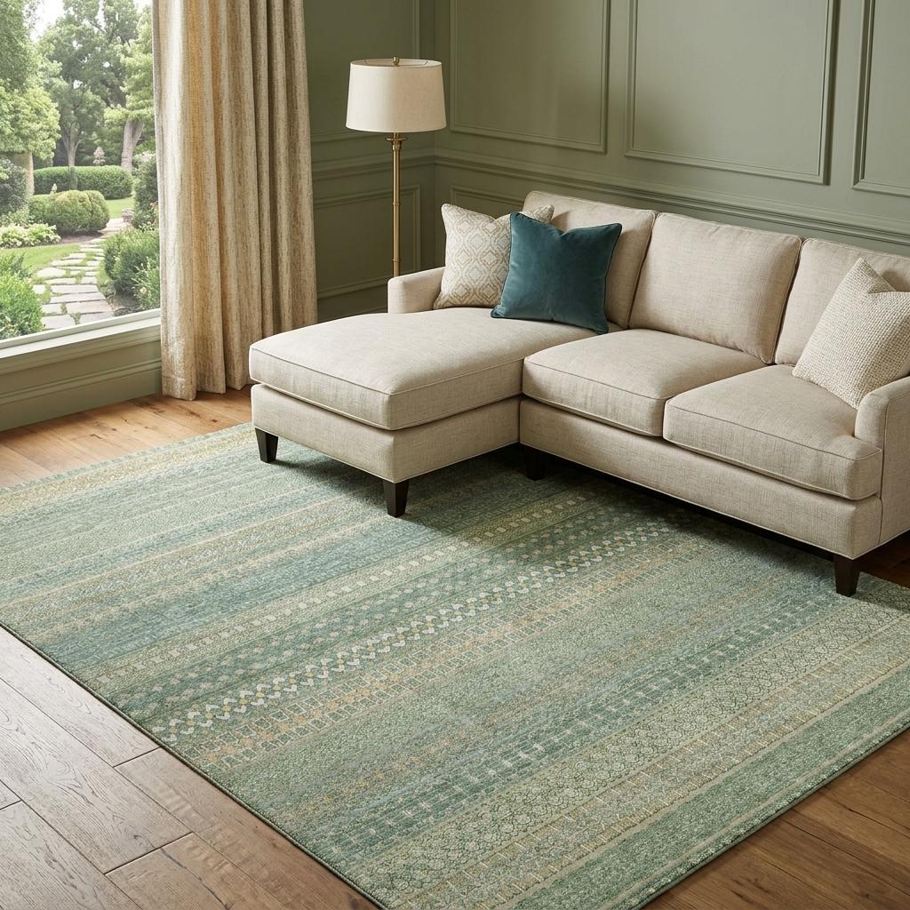 8' X 10' Green And Beige Striped Shag Washable Area Rug With UV Protection - HomeRoots - Flyclothing LLC