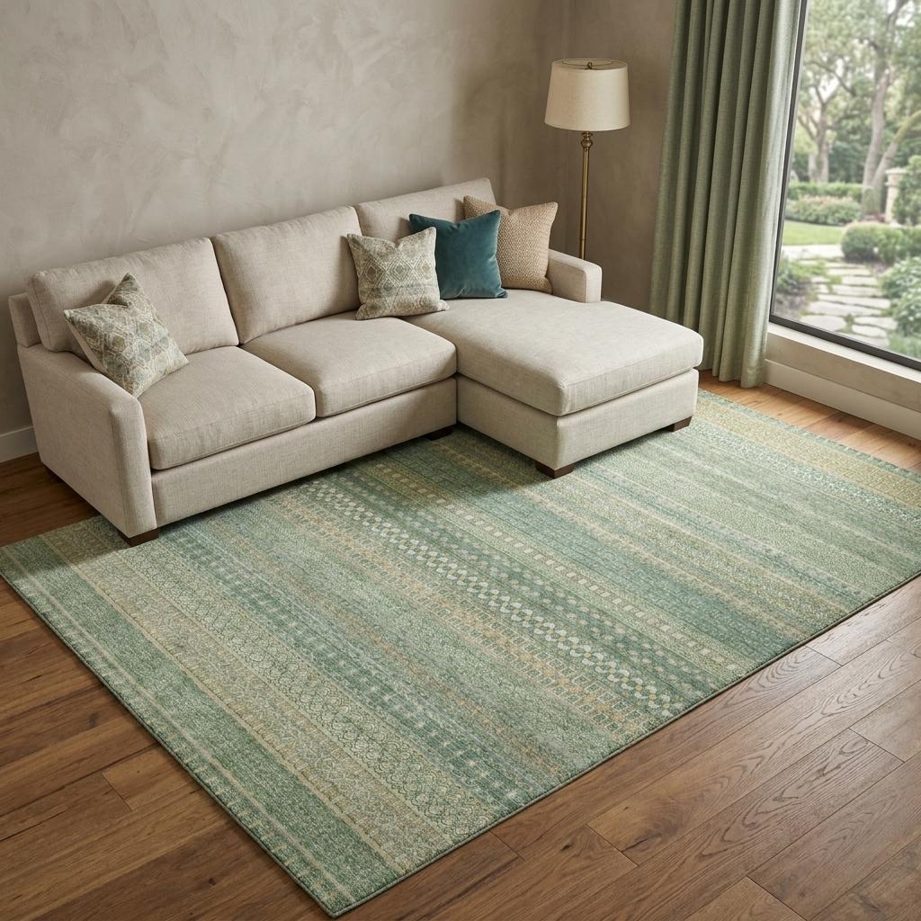 9' X 12' Green And Beige Striped Shag Washable Area Rug With UV Protection - HomeRoots - Flyclothing LLC
