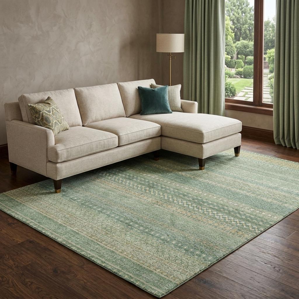 10' X 14' Green And Beige Striped Shag Washable Area Rug With UV Protection - HomeRoots - Flyclothing LLC