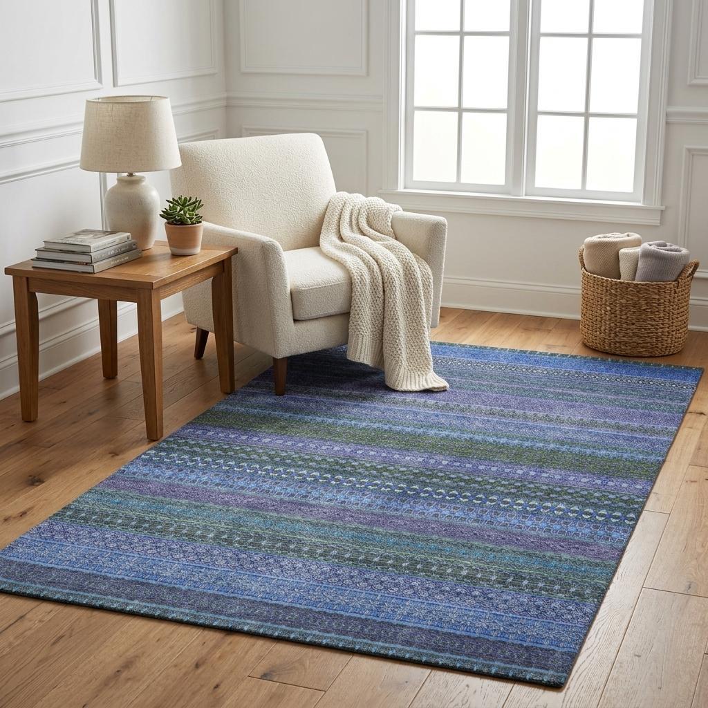 5' X 8' Blue And Denim Blue Striped Shag Washable Area Rug With UV Protection - HomeRoots - Flyclothing LLC
