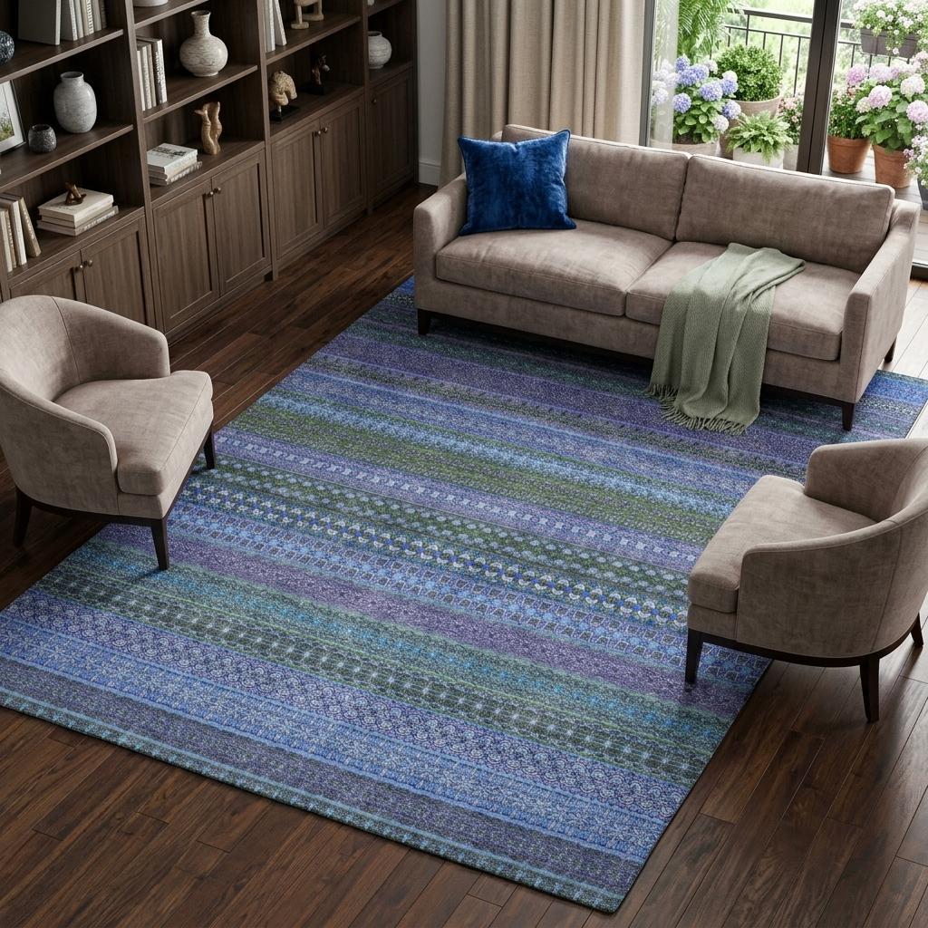 9' X 12' Blue And Denim Blue Striped Shag Washable Area Rug With UV Protection - HomeRoots - Flyclothing LLC