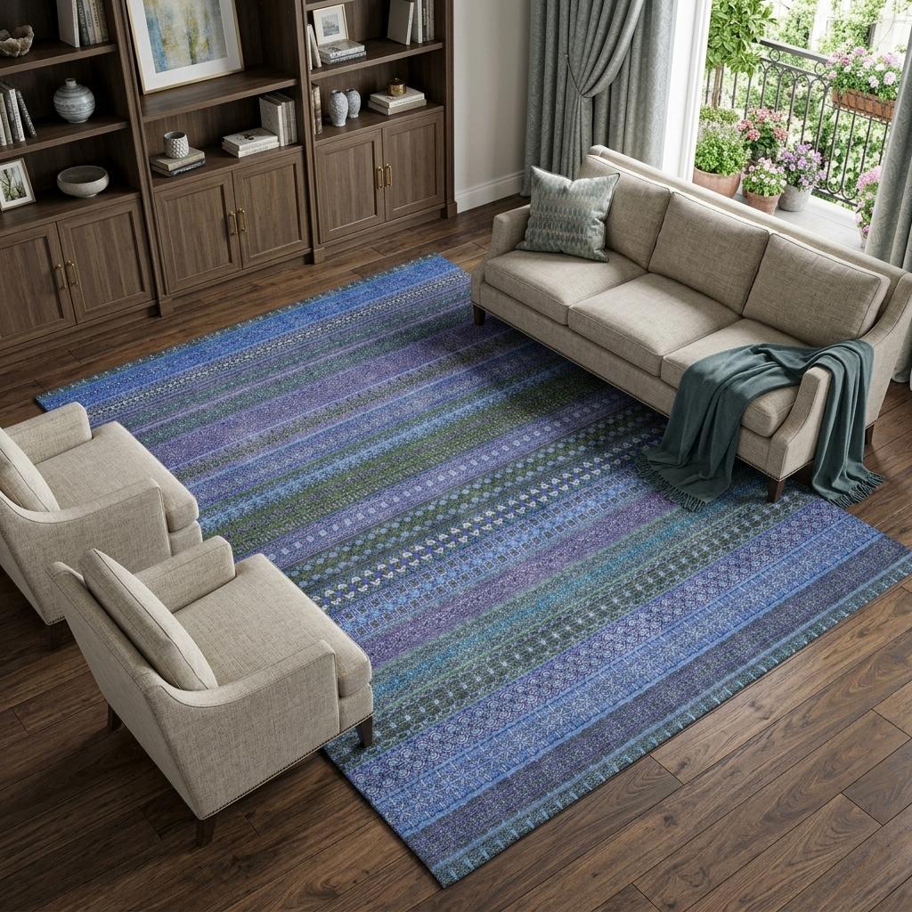 10' X 14' Blue And Denim Blue Striped Shag Washable Area Rug With UV Protection - HomeRoots - Flyclothing LLC