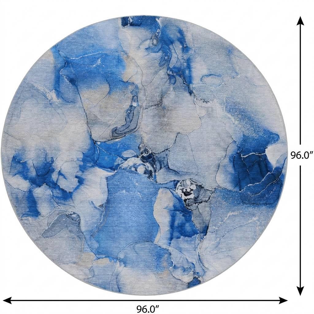 8' Navy Blue And Denim Blue Abstract Shag Washable Round Rug With UV Protection - HomeRoots - Flyclothing LLC