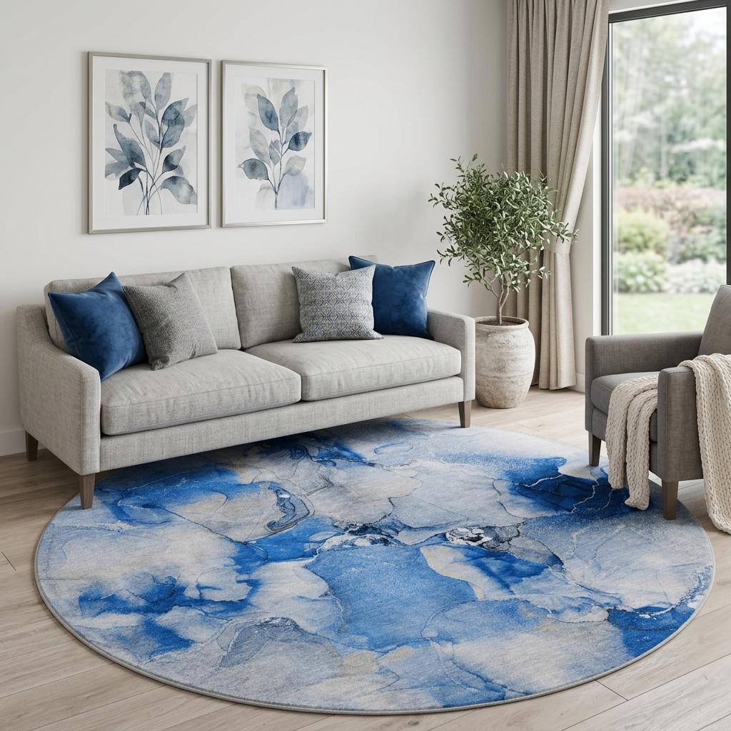8' Navy Blue And Denim Blue Abstract Shag Washable Round Rug With UV Protection - HomeRoots - Flyclothing LLC