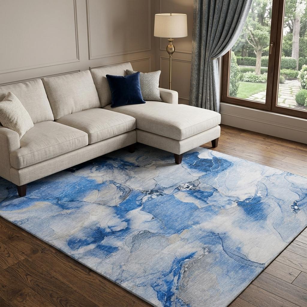 8' X 10' Navy Blue And Denim Blue Abstract Shag Washable Area Rug With UV Protection - HomeRoots - Flyclothing LLC