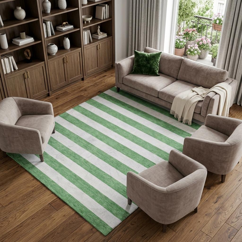8' X 10' Green And Ivory Striped Shag Washable Area Rug With UV Protection - HomeRoots - Flyclothing LLC