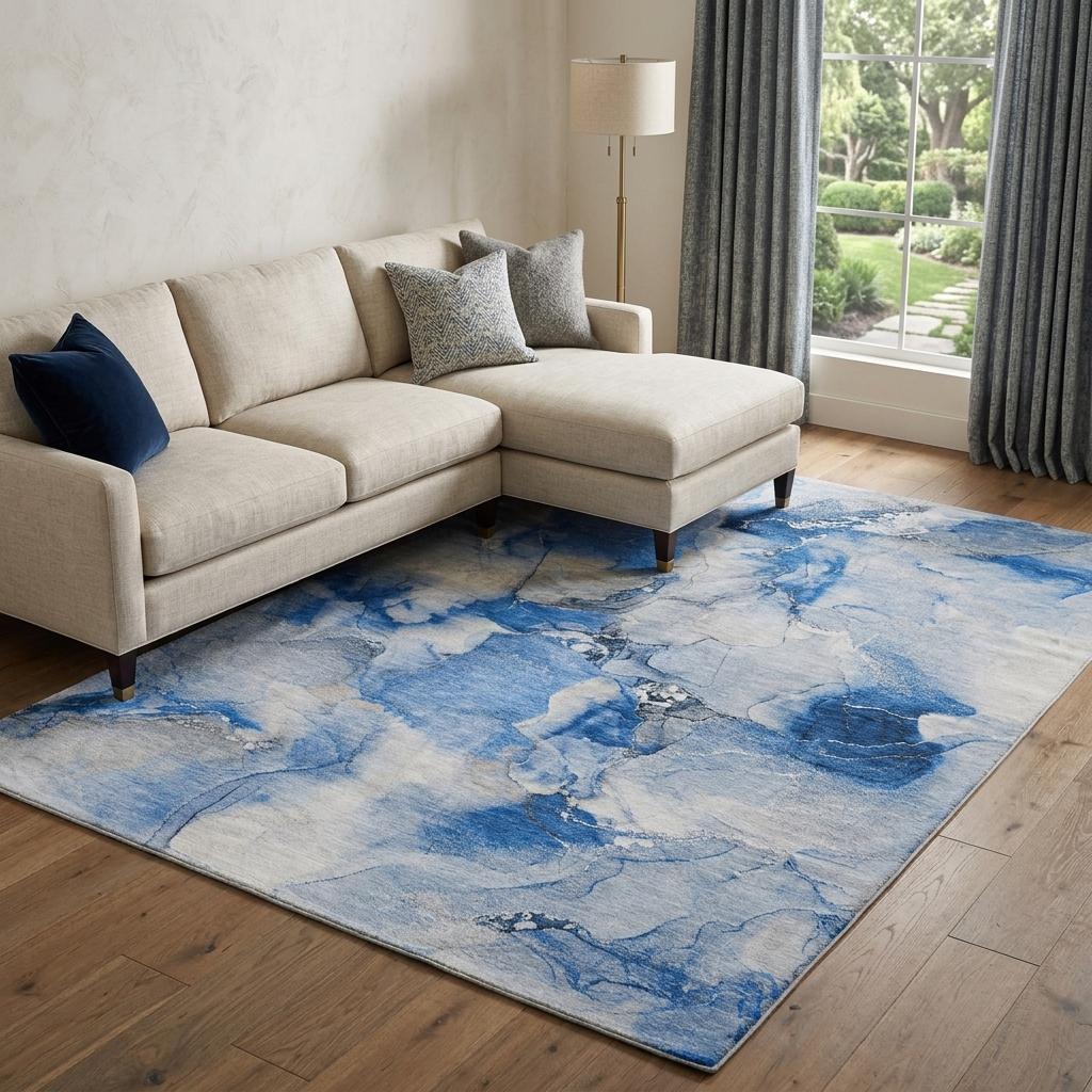 9' X 12' Navy Blue And Denim Blue Abstract Shag Washable Area Rug With UV Protection - HomeRoots - Flyclothing LLC