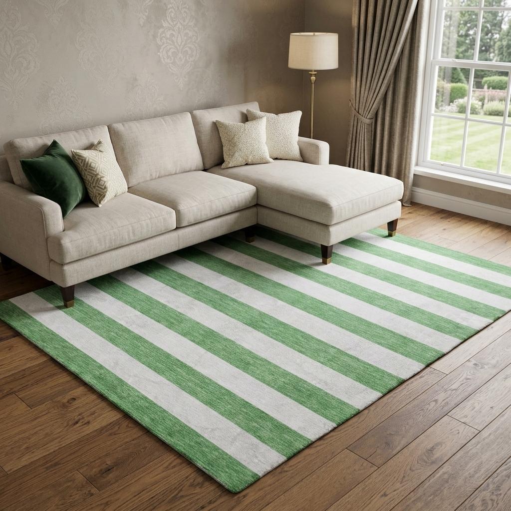 9' X 12' Green And Ivory Striped Shag Washable Area Rug With UV Protection - HomeRoots - Flyclothing LLC