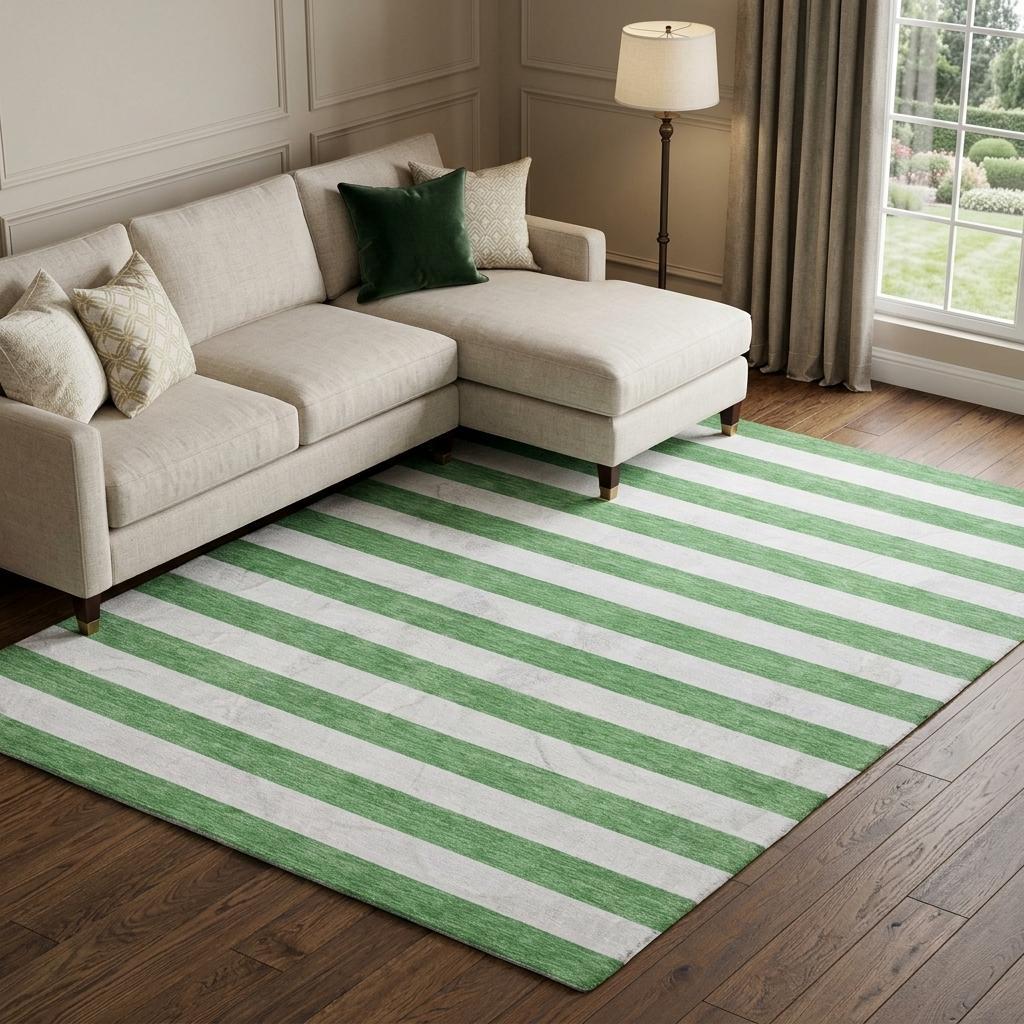 10' X 14' Green And Ivory Striped Shag Washable Area Rug With UV Protection - HomeRoots - Flyclothing LLC