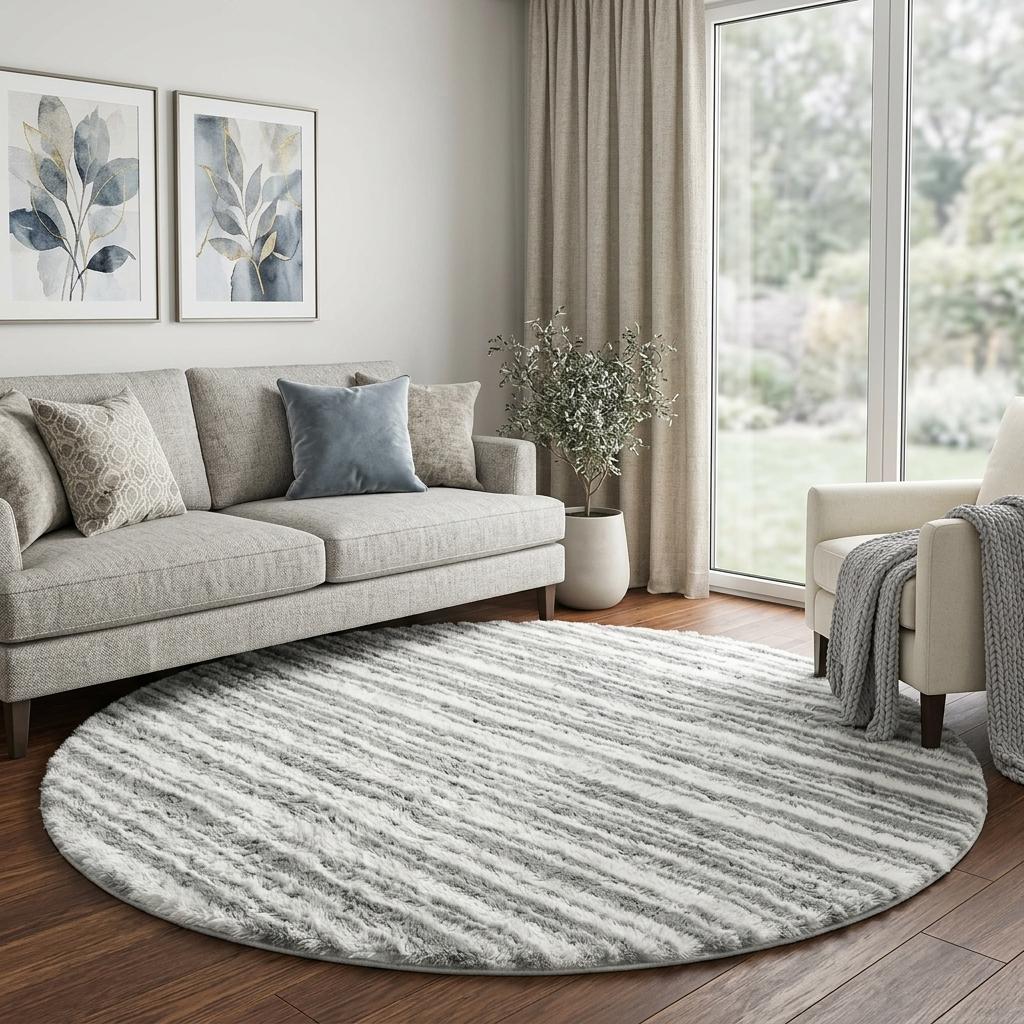8' Ivory And Cream Striped Shag Washable Round Rug With UV Protection - HomeRoots - Flyclothing LLC
