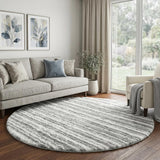 8' Ivory And Cream Striped Shag Washable Round Rug With UV Protection - HomeRoots - Flyclothing LLC