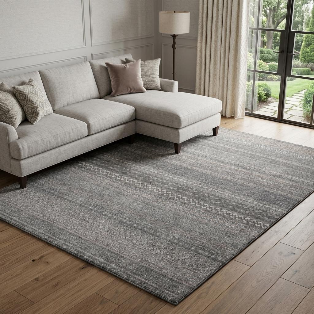 10' X 14' Gray And Charcoal Striped Shag Washable Area Rug With UV Protection - HomeRoots - Flyclothing LLC