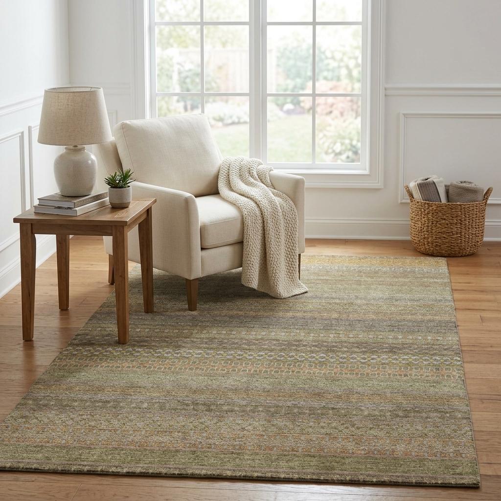 5' X 8' Khaki And Gray Striped Shag Washable Area Rug With UV Protection - HomeRoots - Flyclothing LLC