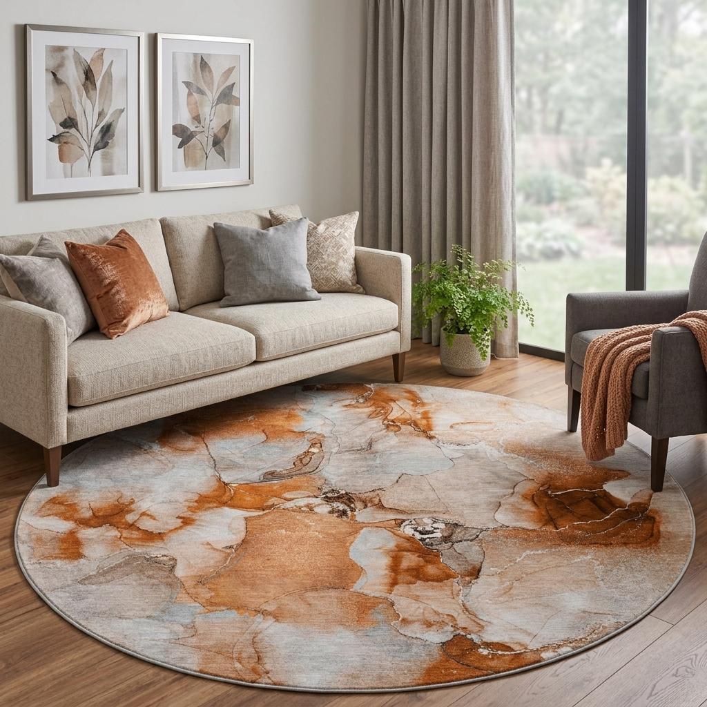 8' Orange And Terra Cotta Abstract Shag Washable Round Rug With UV Protection - HomeRoots - Flyclothing LLC