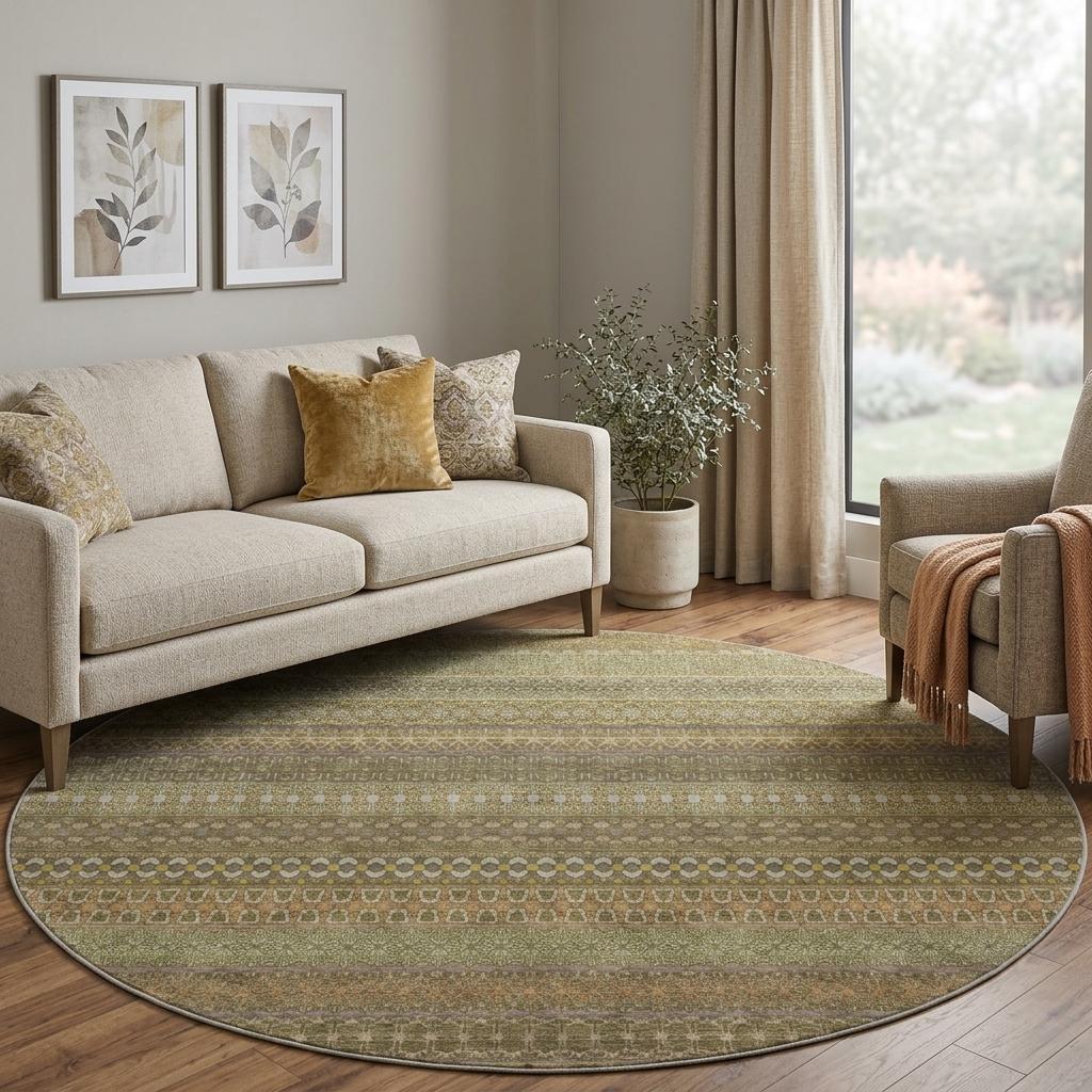 8' Khaki And Gray Striped Shag Washable Round Rug With UV Protection - HomeRoots - Flyclothing LLC