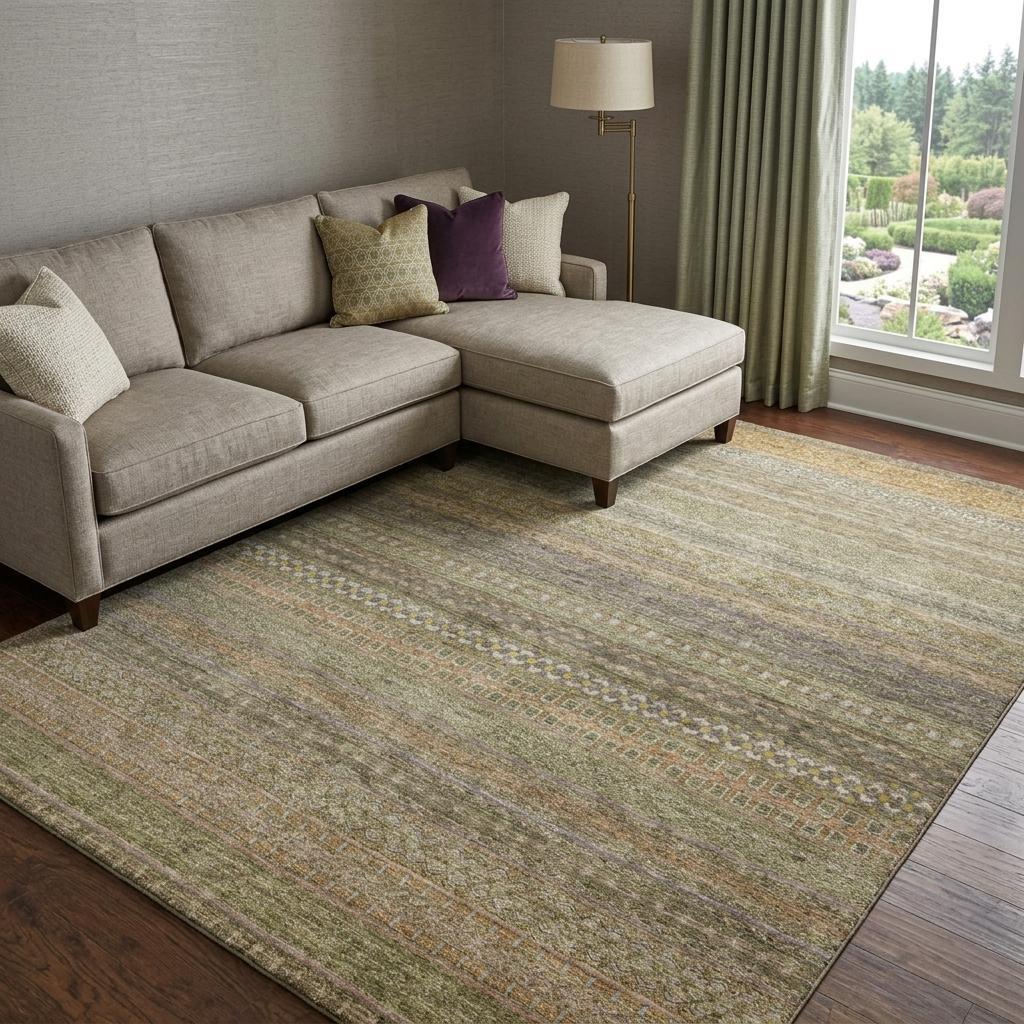 10' X 14' Khaki And Gray Striped Shag Washable Area Rug With UV Protection - HomeRoots - Flyclothing LLC