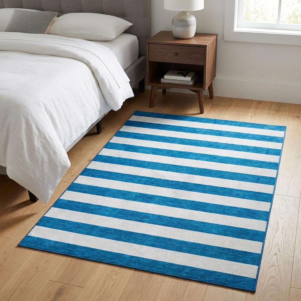 3' X 5' Navy Blue And Ivory Striped Shag Washable Area Rug With UV Protection - HomeRoots - Flyclothing LLC