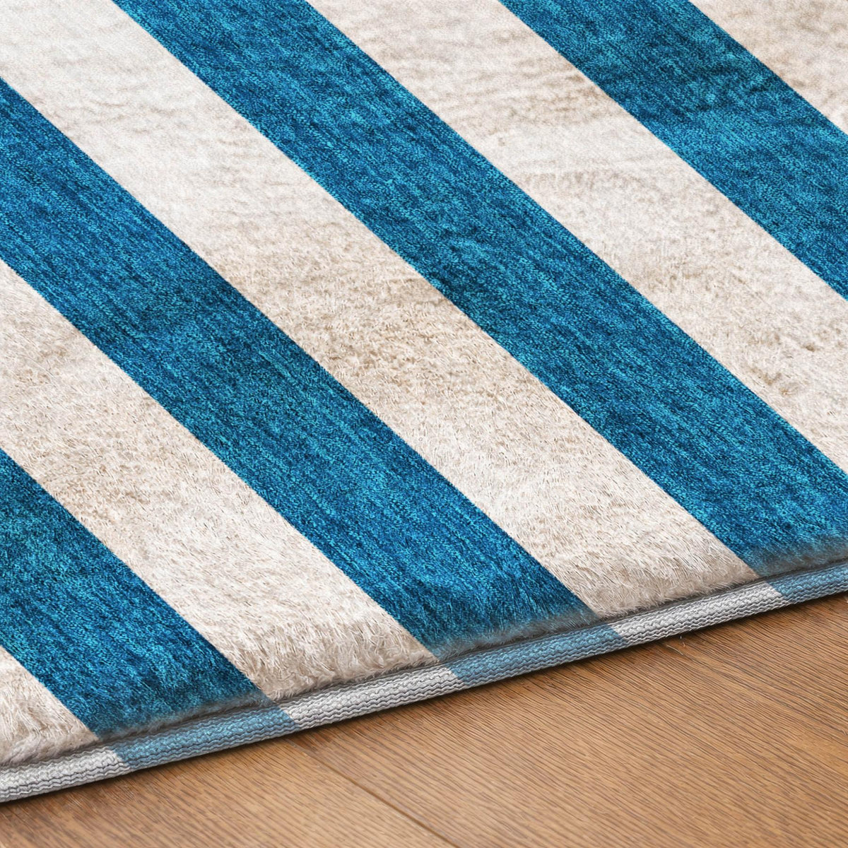 3' X 5' Navy Blue And Ivory Striped Shag Washable Area Rug With UV Protection - HomeRoots - Flyclothing LLC