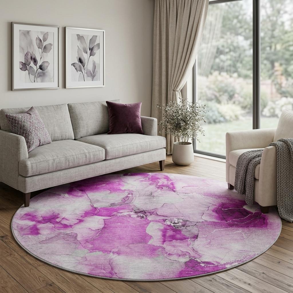 8' Pink And Blush Abstract Shag Washable Round Rug With UV Protection - HomeRoots - Flyclothing LLC