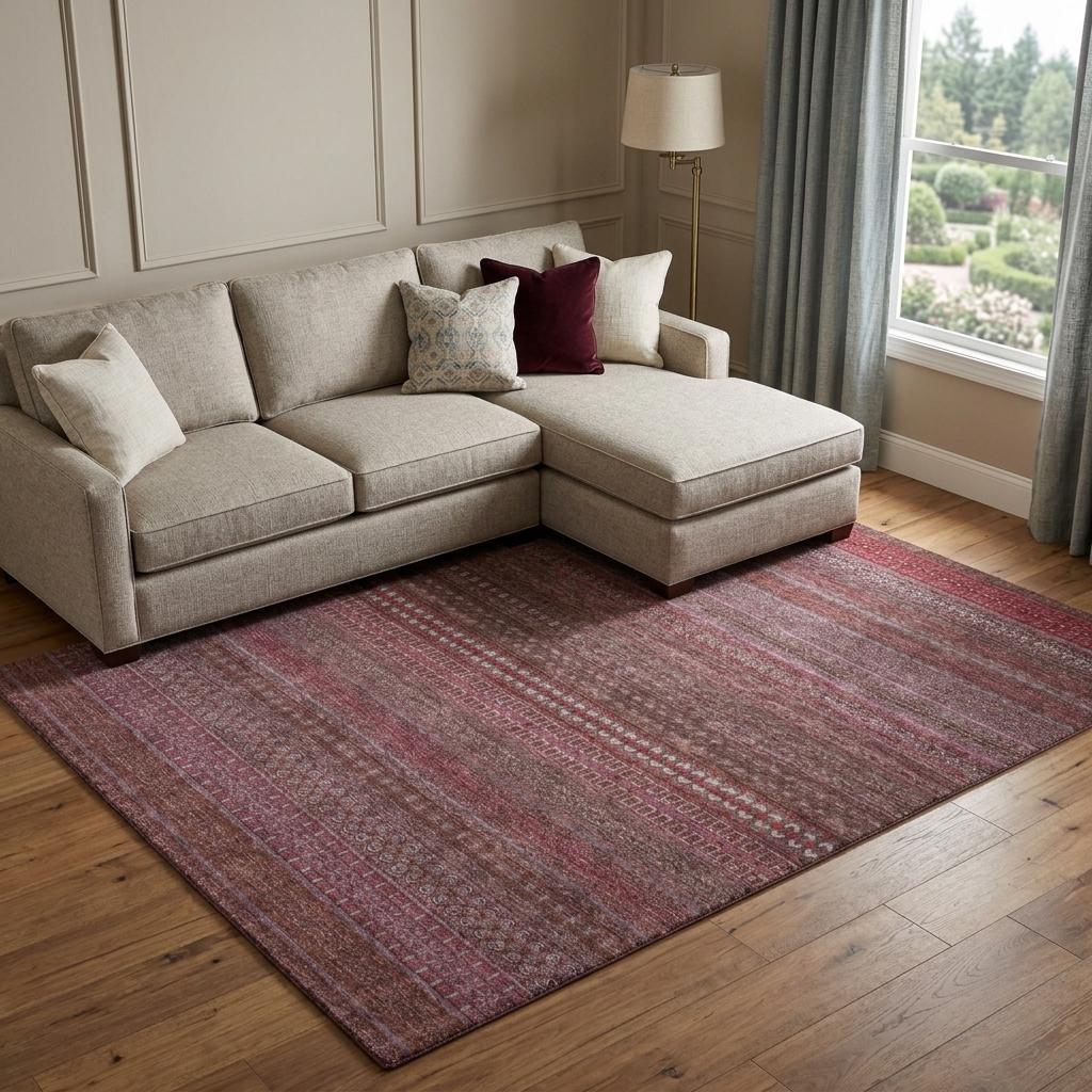 8' X 10' Merlot And Blush Striped Shag Washable Area Rug With UV Protection - HomeRoots - Flyclothing LLC