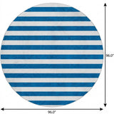 8' Navy Blue And Ivory Striped Shag Washable Round Rug With UV Protection - HomeRoots - Flyclothing LLC