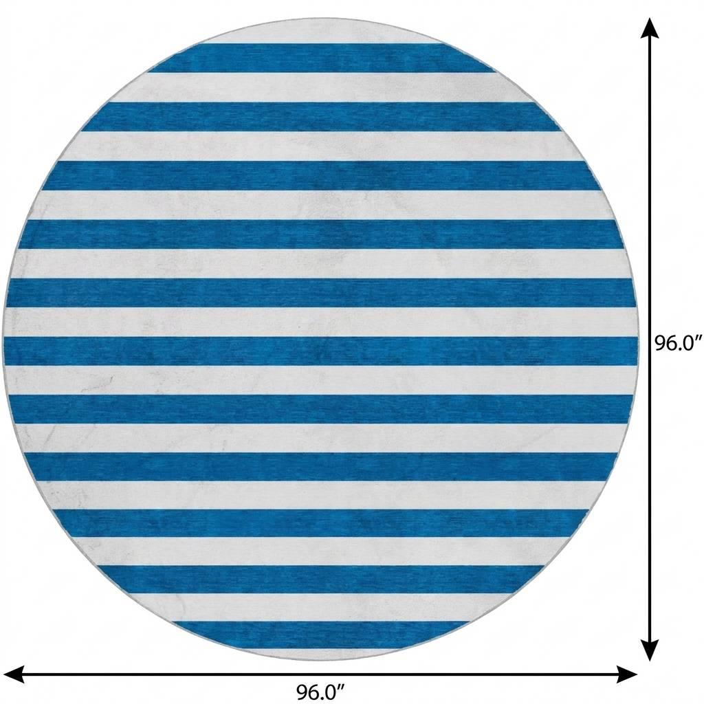 8' Navy Blue And Ivory Striped Shag Washable Round Rug With UV Protection - HomeRoots - Flyclothing LLC