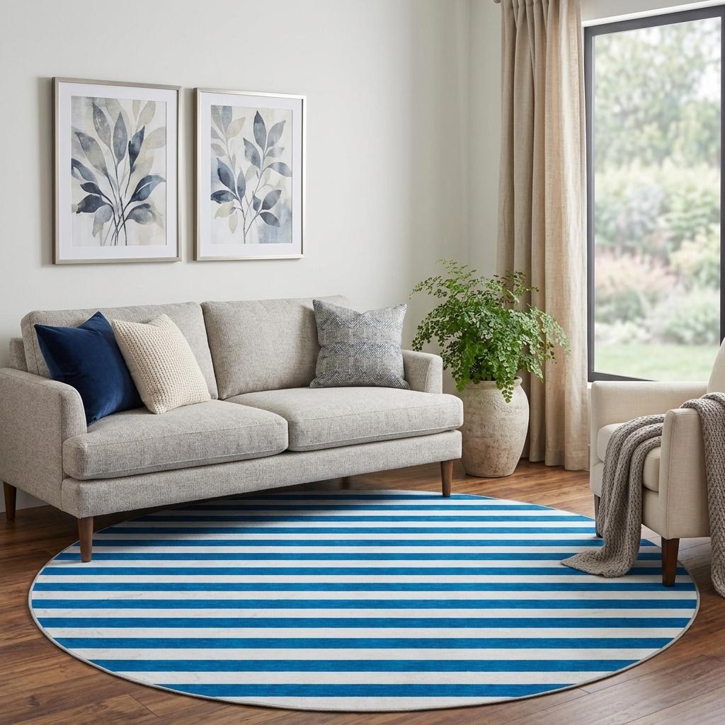 8' Navy Blue And Ivory Striped Shag Washable Round Rug With UV Protection - HomeRoots - Flyclothing LLC