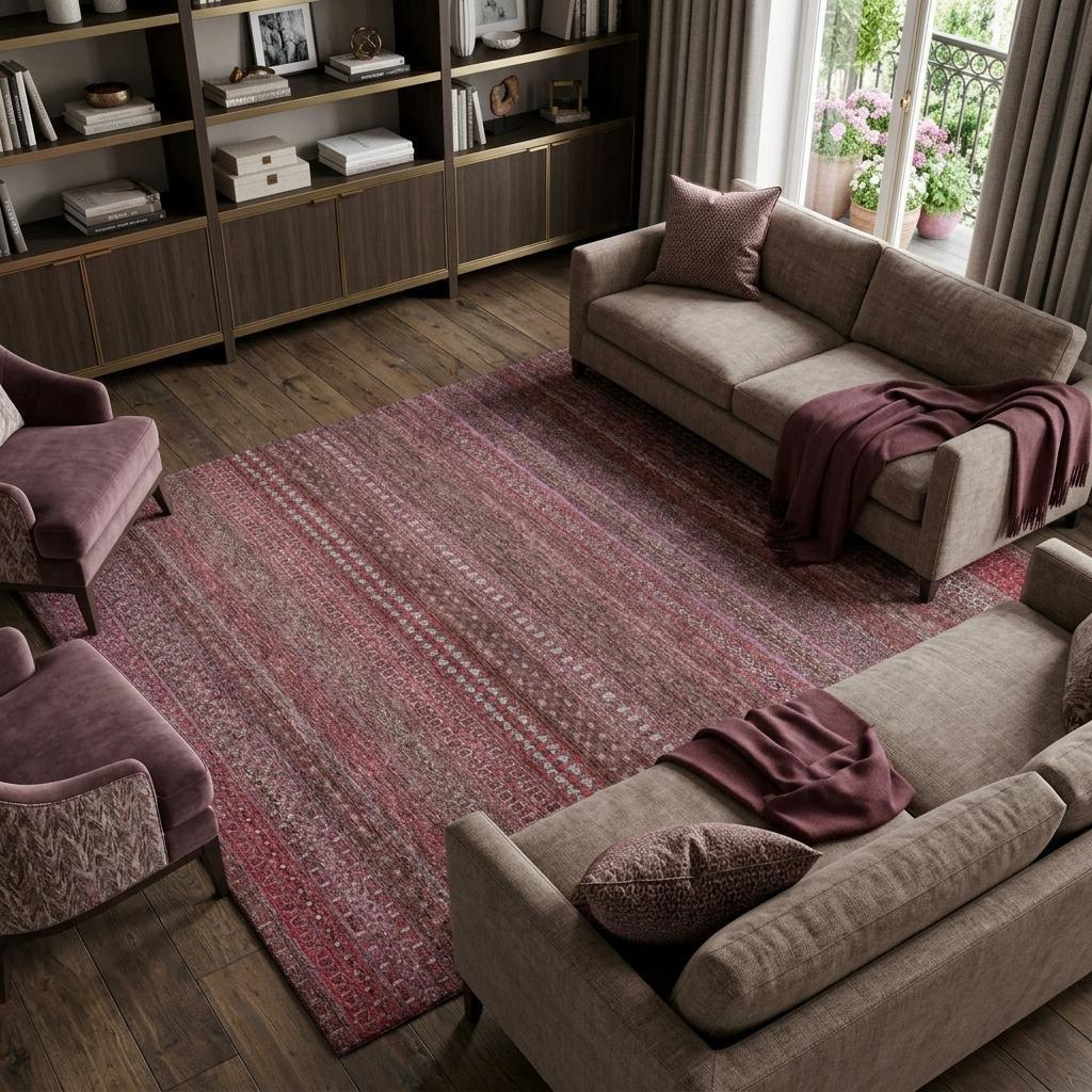 9' X 12' Merlot And Blush Striped Shag Washable Area Rug With UV Protection - HomeRoots - Flyclothing LLC