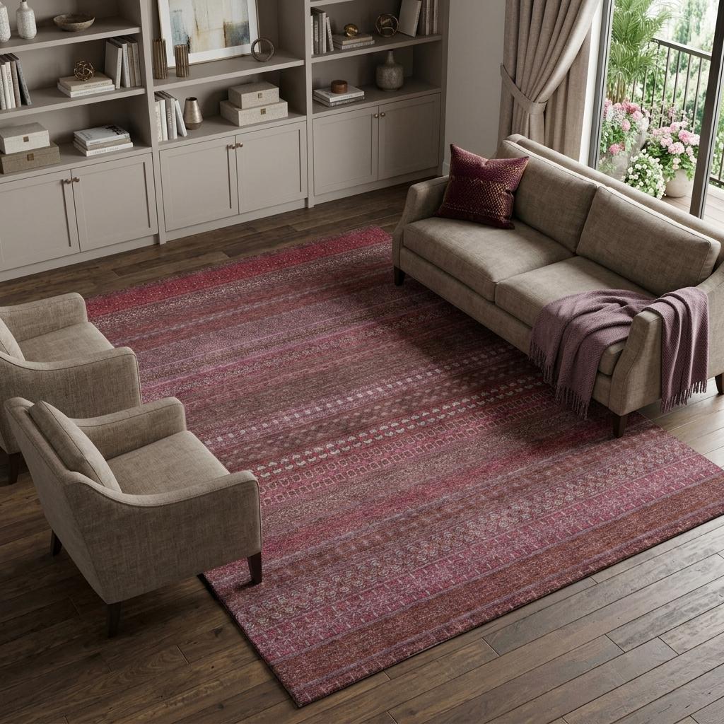 10' X 14' Merlot And Blush Striped Shag Washable Area Rug With UV Protection - HomeRoots - Flyclothing LLC