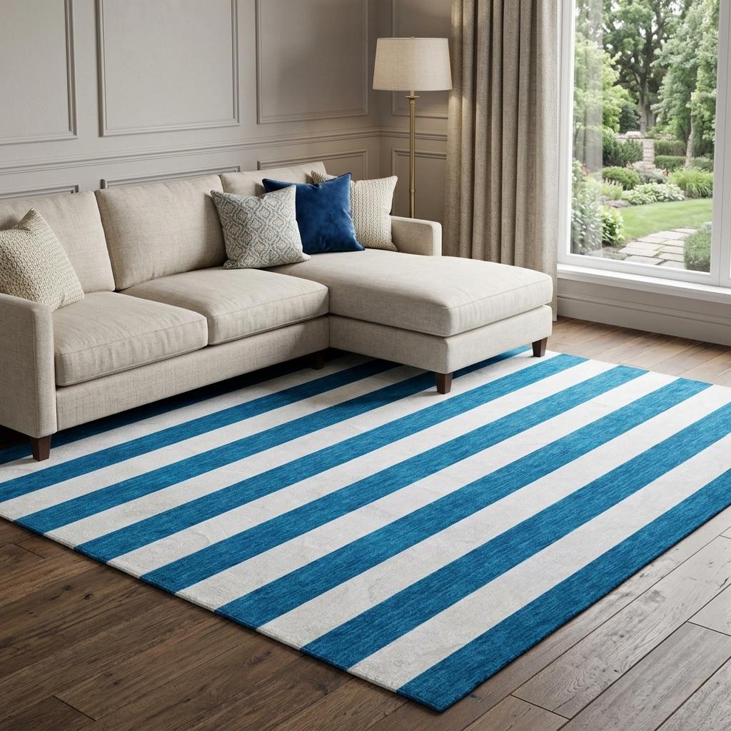 9' X 12' Navy Blue And Ivory Striped Shag Washable Area Rug With UV Protection - HomeRoots - Flyclothing LLC
