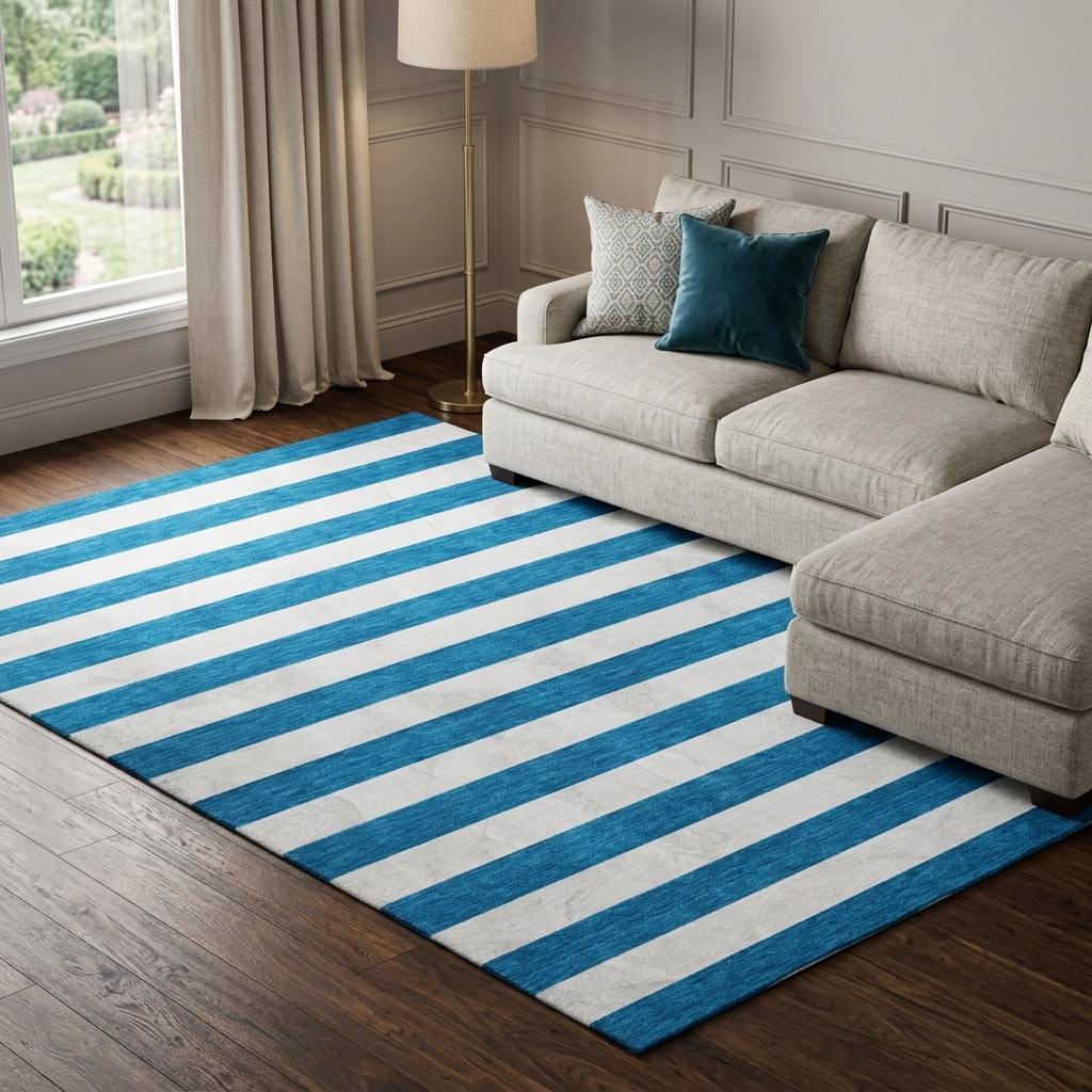 10' X 14' Navy Blue And Ivory Striped Shag Washable Area Rug With UV Protection - HomeRoots - Flyclothing LLC