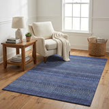 5' X 8' Navy Blue And Denim Blue Striped Shag Washable Area Rug With UV Protection - HomeRoots - Flyclothing LLC