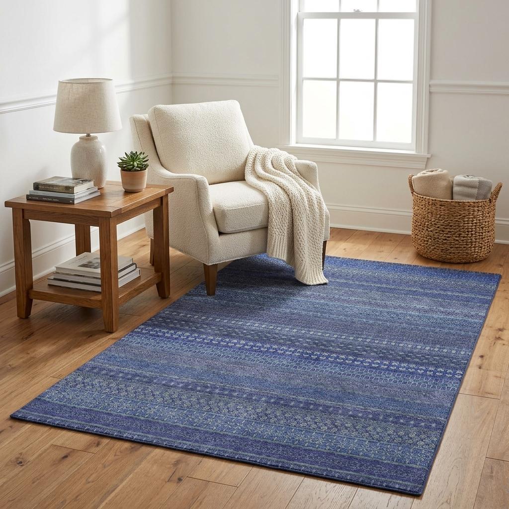 5' X 8' Navy Blue And Denim Blue Striped Shag Washable Area Rug With UV Protection - HomeRoots - Flyclothing LLC