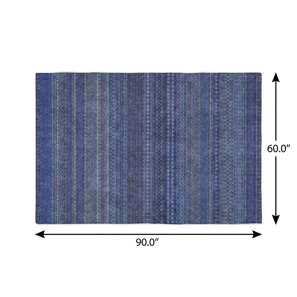 5' X 8' Navy Blue And Denim Blue Striped Shag Washable Area Rug With UV Protection - HomeRoots - Flyclothing LLC
