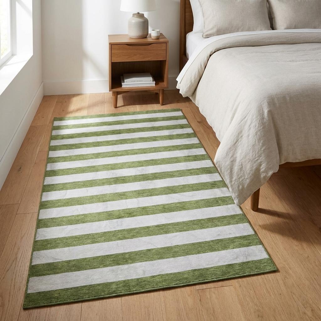 3' X 5' Olive Green And Ivory Striped Shag Washable Area Rug With UV Protection - HomeRoots - Flyclothing LLC