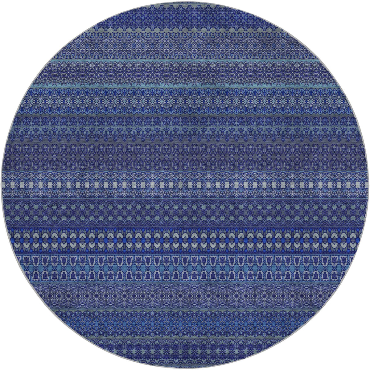 8' Navy Blue And Denim Blue Striped Shag Washable Round Rug With UV Protection - HomeRoots - Flyclothing LLC