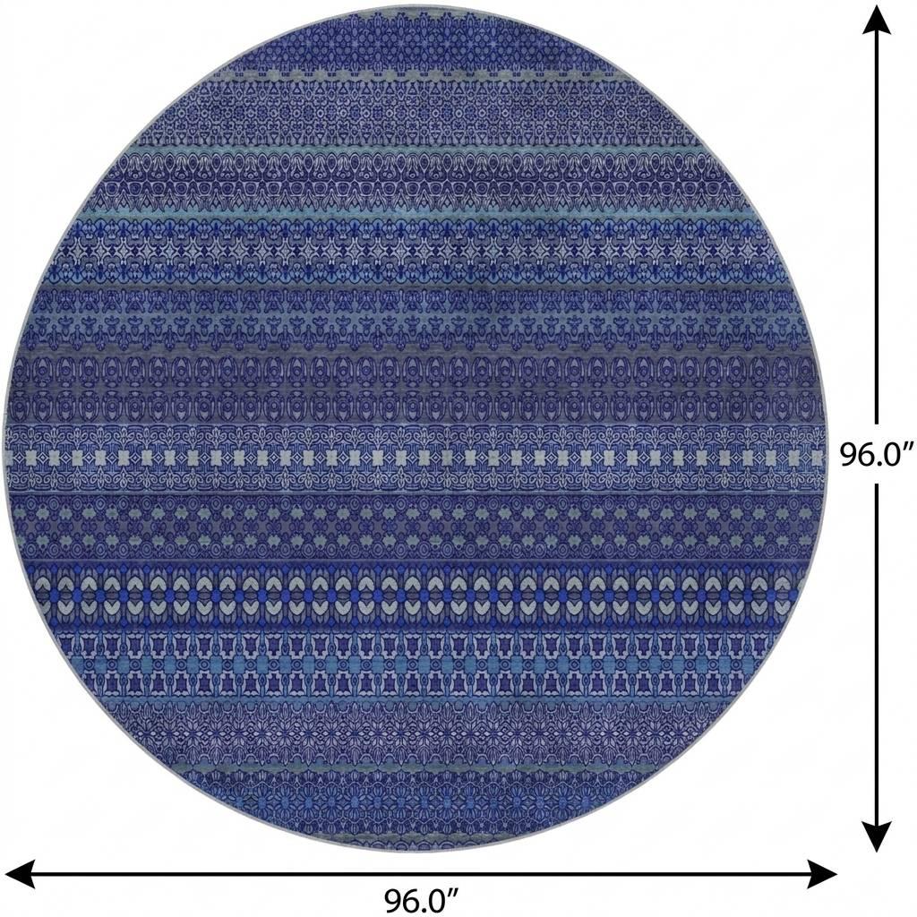 8' Navy Blue And Denim Blue Striped Shag Washable Round Rug With UV Protection - HomeRoots - Flyclothing LLC
