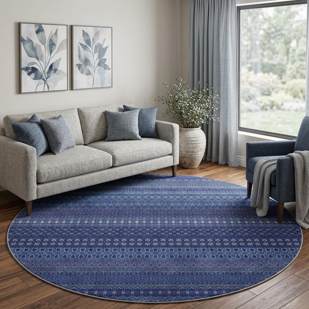 8' Navy Blue And Denim Blue Striped Shag Washable Round Rug With UV Protection - HomeRoots - Flyclothing LLC