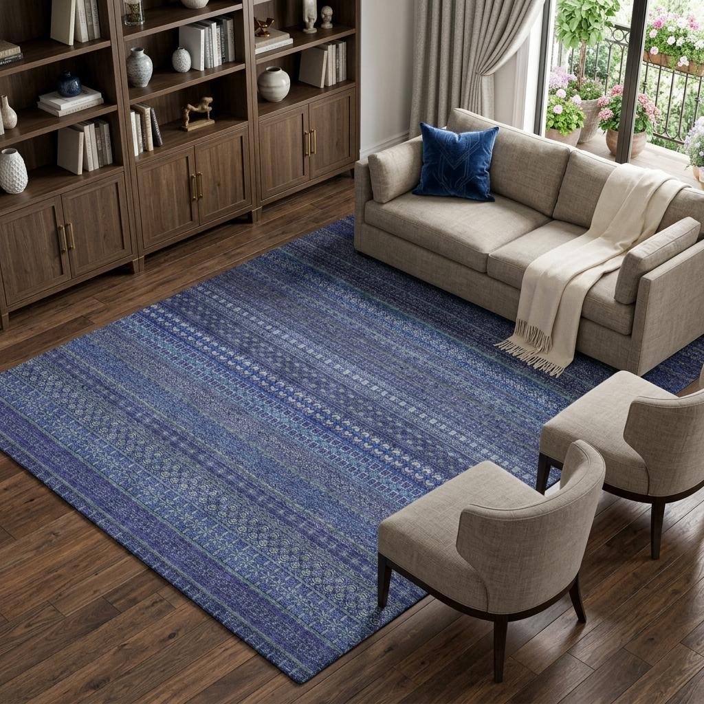 8' X 10' Navy Blue And Denim Blue Striped Shag Washable Area Rug With UV Protection - HomeRoots - Flyclothing LLC