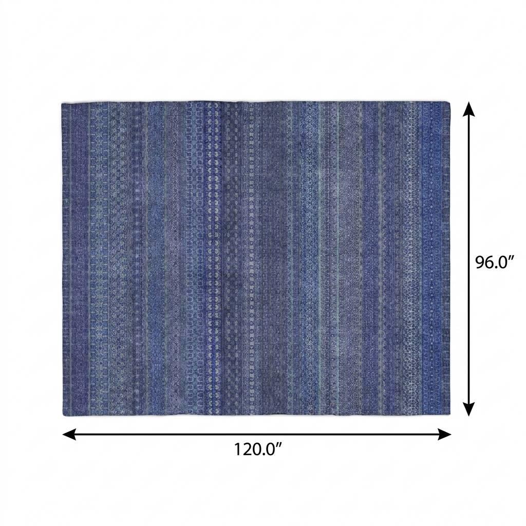 8' X 10' Navy Blue And Denim Blue Striped Shag Washable Area Rug With UV Protection - HomeRoots - Flyclothing LLC