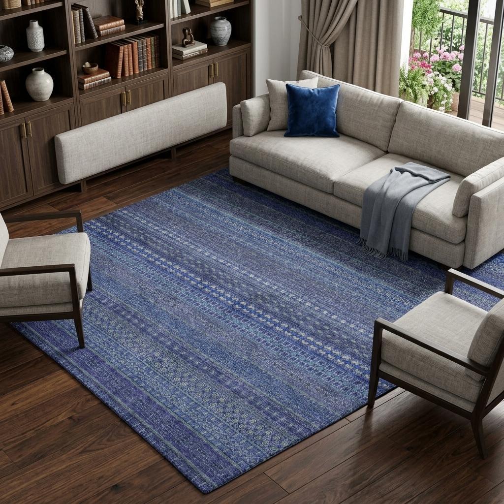 9' X 12' Navy Blue And Denim Blue Striped Shag Washable Area Rug With UV Protection - HomeRoots - Flyclothing LLC